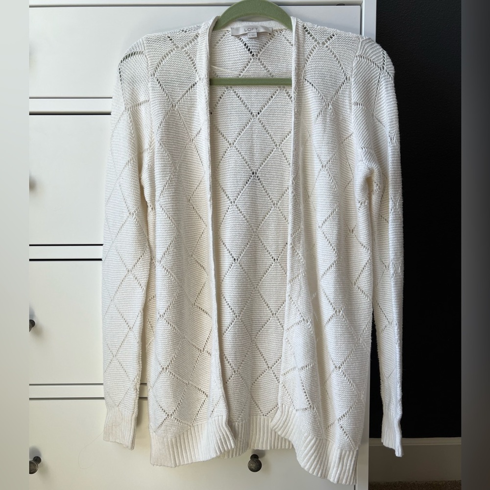 LOFT White Knit Diamond Patterned Light Sweater small